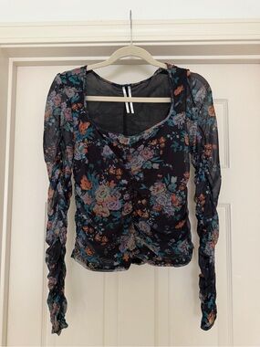 Anthropologie Floral Mesh Long-Sleeve Ruched Top - Black Floral